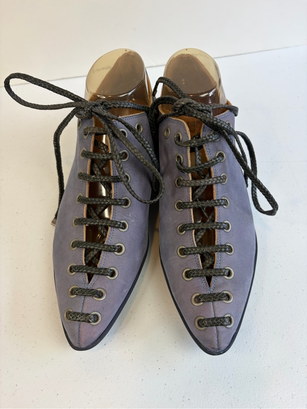 John Fluevog Power Up Engaging Blue Nubuck Leather Lace Up Pointed Toe Shoes 9